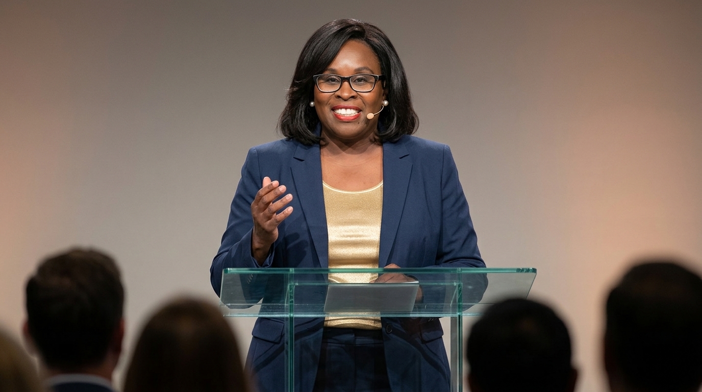 Coach Glenda speaking to a large audience at a women's empowerment conference